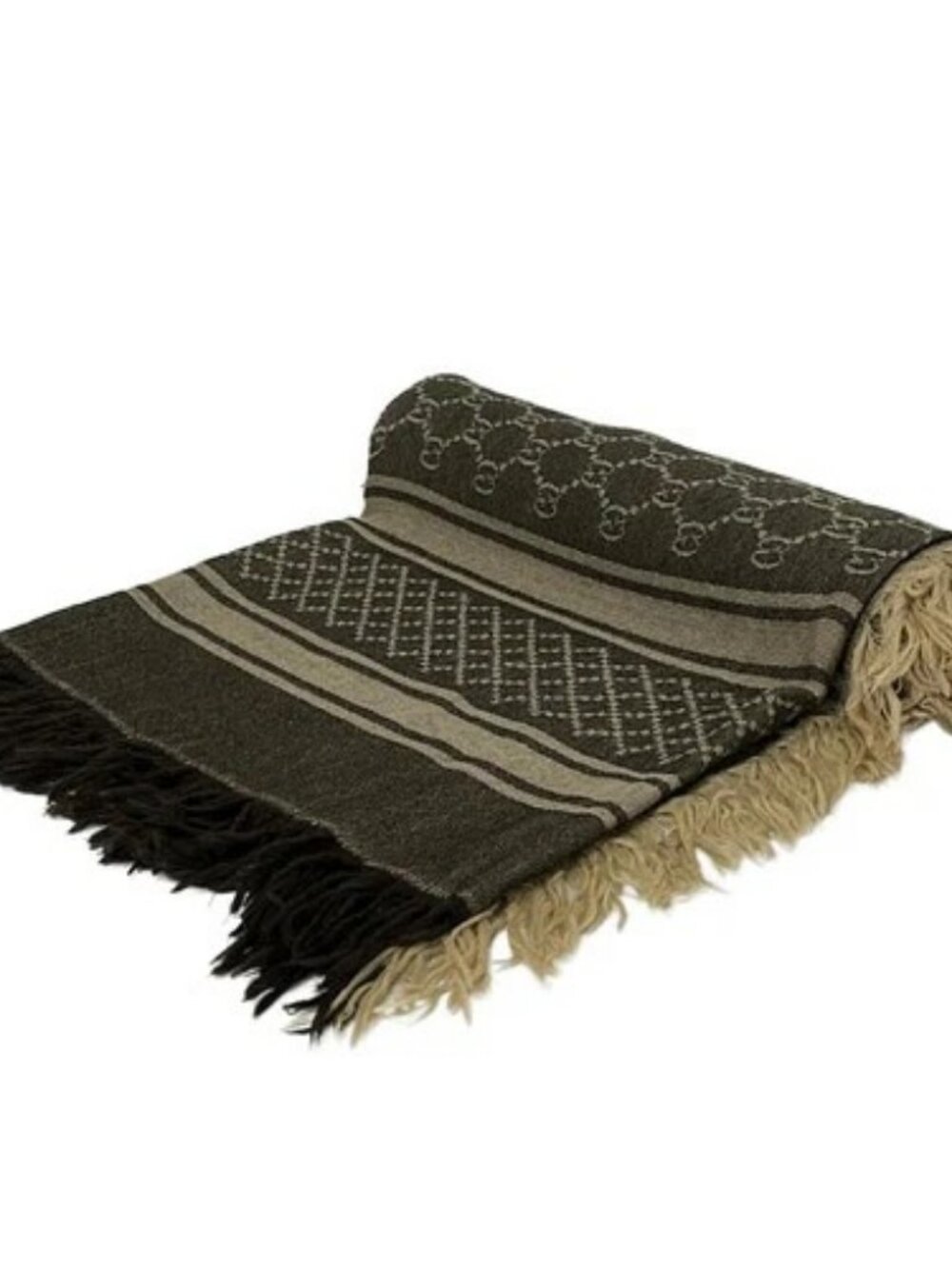 GUCCI - Beige Dark Brown Wool Silk Scarf